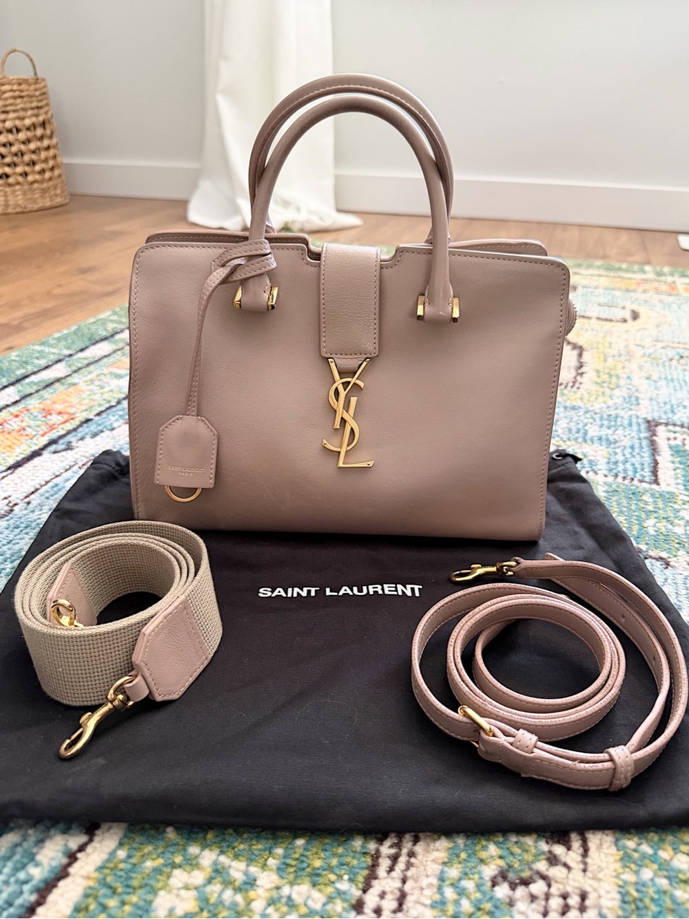 YSL Saint Laurent Monogram Baby Cabas Leather Bag Straps Mauve Pink Crossbody